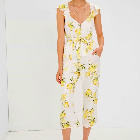 For Love and Lemons Limonada Lemon print crop rayon Jumpsuit size XS vacation - Picture 2 of 8